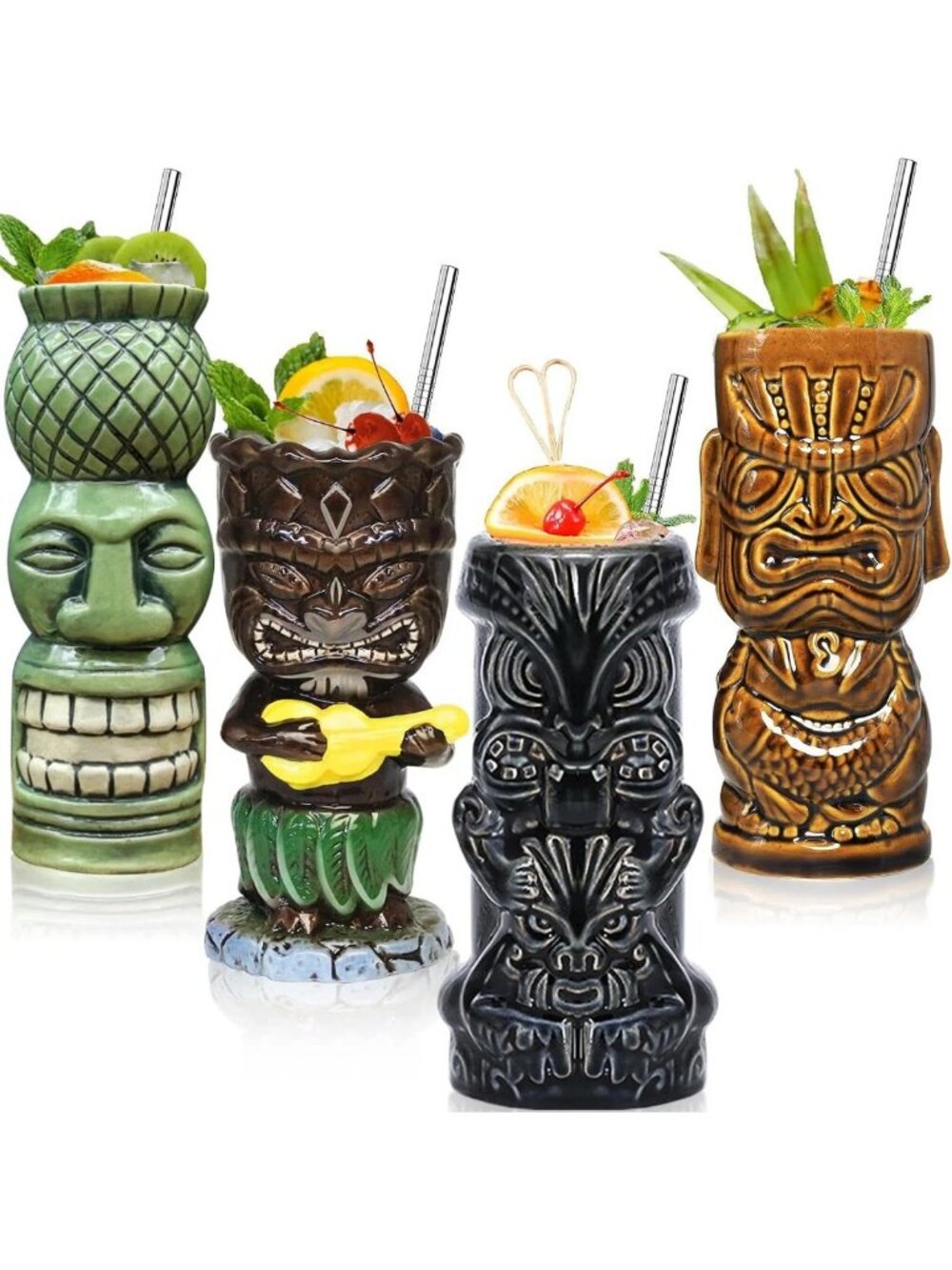 Tropical Tiki Cocktail Glasses Set of 4 | Ceramic Party Mugs & Bar Decor